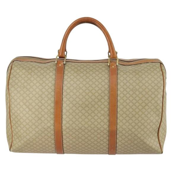 CELINE Macadam Canvas Boston Bag PVC Beige Gold Auth ki6249